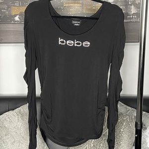 LONG SLEEVES RUCHED T BEBE TOP W/ RHINESTONE LOGO